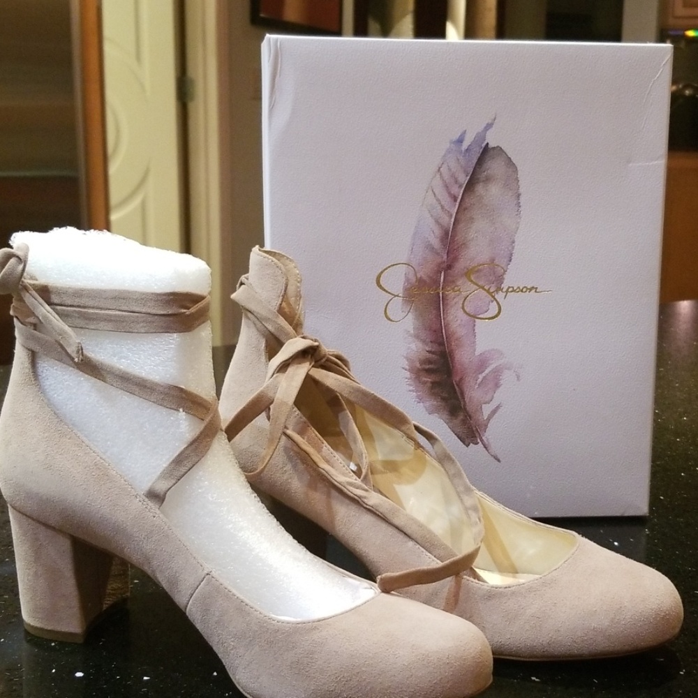 Jessica Simpson Beige Suede Ankle Tie Pump